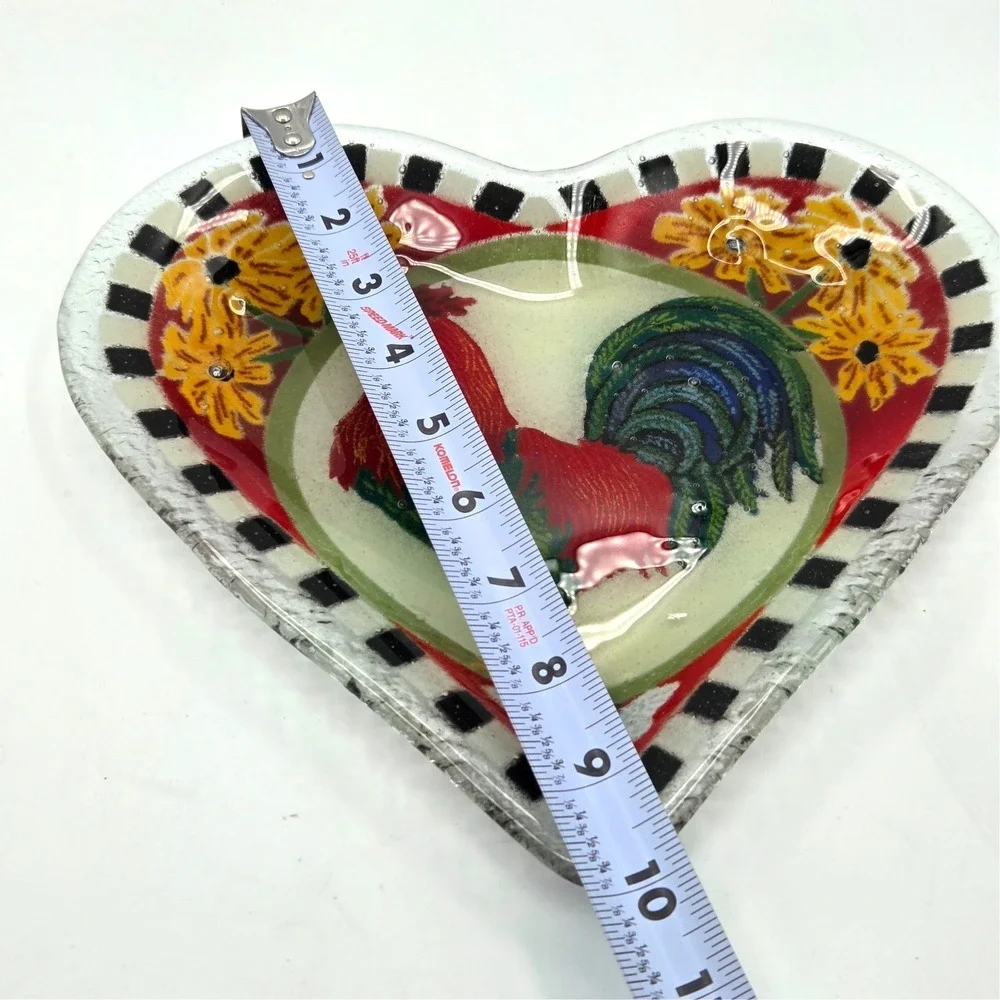 PEGGY KARR Heart Shaped‎ Fused Art Glass ROOSTER DISH  With Checkerboard  10